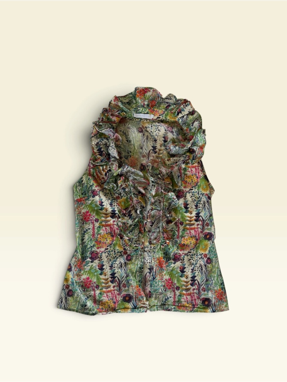 Anne Fontaine Green Multicolor Floral Ruffle Camisole Size Small 100% cotton